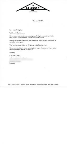 Testimonials — window film by Ace Glass Tinting