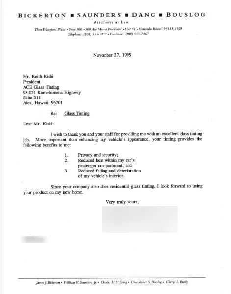 Testimonials — window film by Ace Glass Tinting