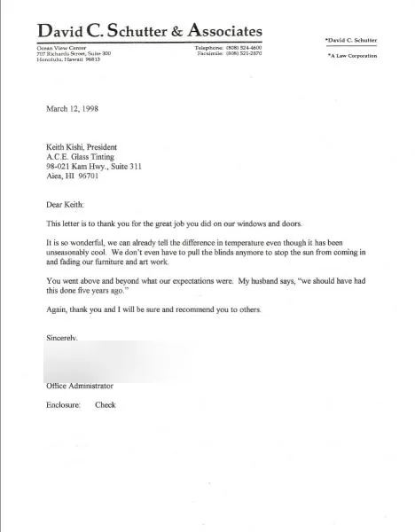 Testimonials — window film by Ace Glass Tinting