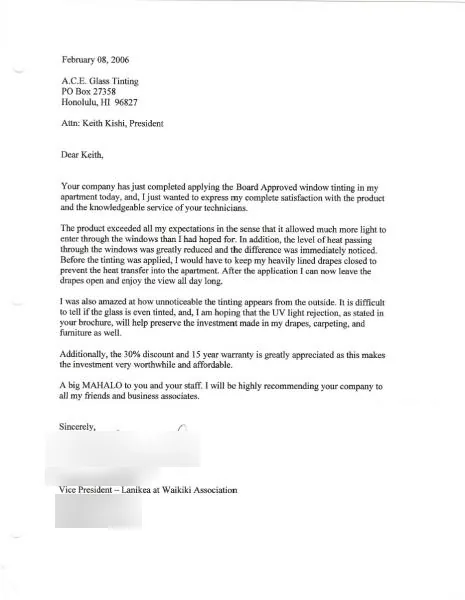 Testimonials — window film by Ace Glass Tinting